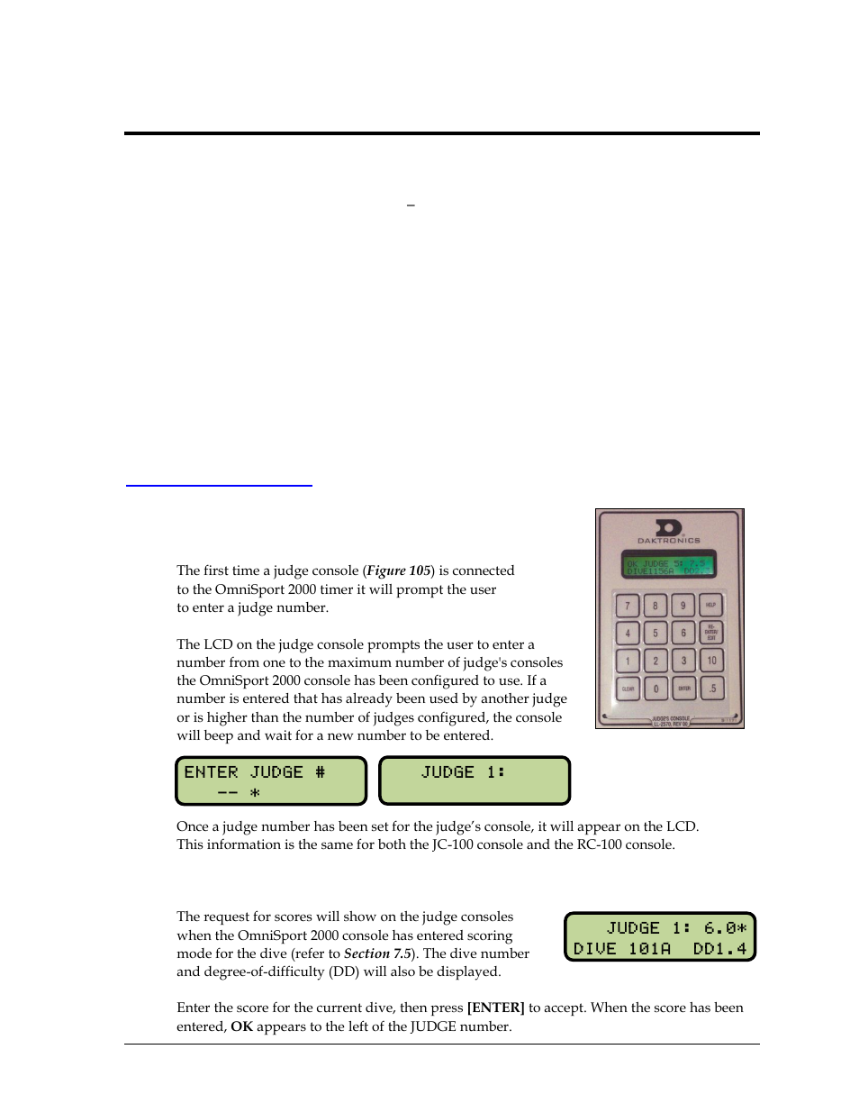 Section 8: judge consoles, 1 console setup, 2 diving event operation | Section 8, Judge consoles, Console setup, Diving event operation | Daktronics OmniSport 2000 Timing Console User Manual | Page 127 / 316