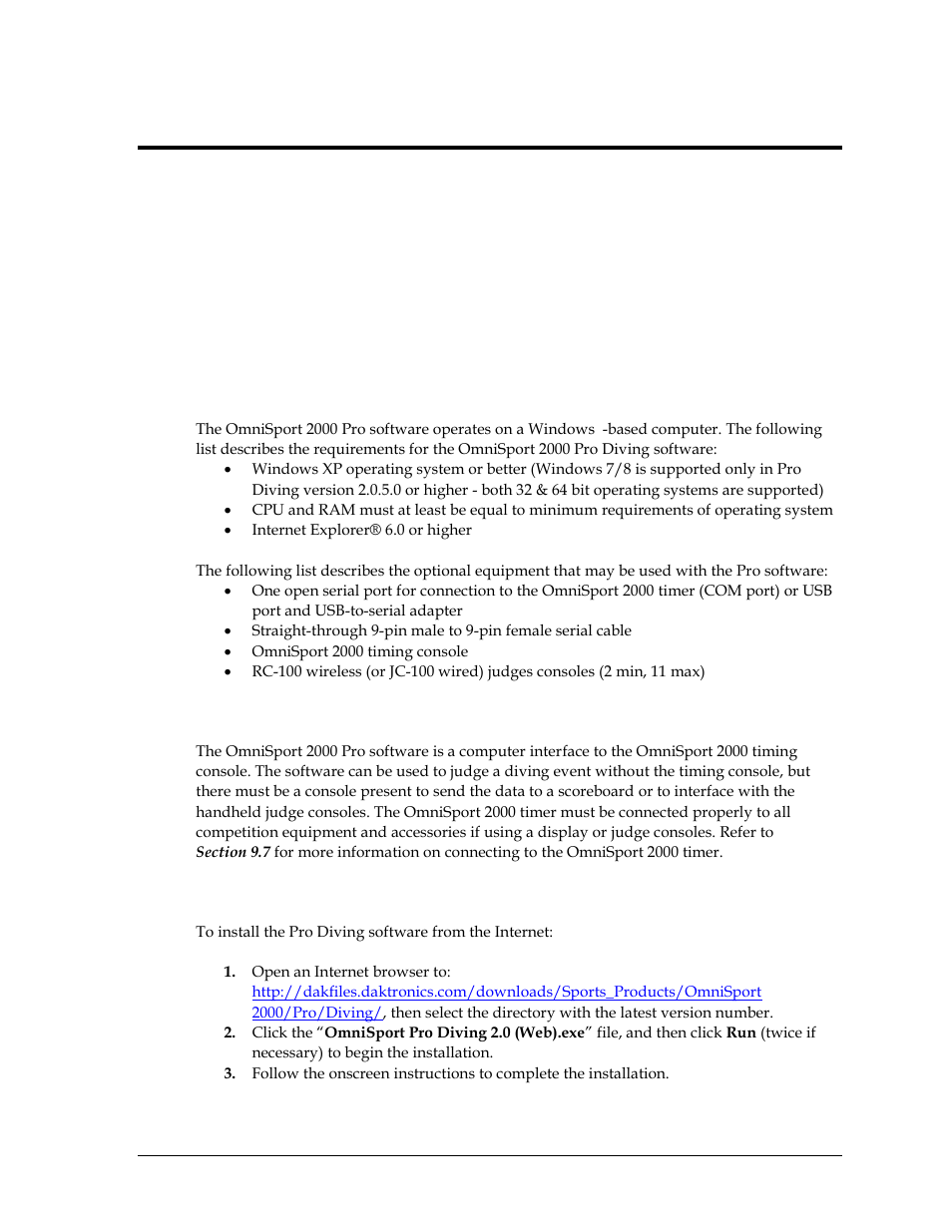 Section 9: omnisport 2000 pro diving software, 1 computer requirements, 2 hardware setup | 3 installation, Section 9, Omnisport 2000 pro diving software, Computer requirements, Hardware setup, Installation | Daktronics OmniSport 2000 Timing Console User Manual | Page 131 / 316