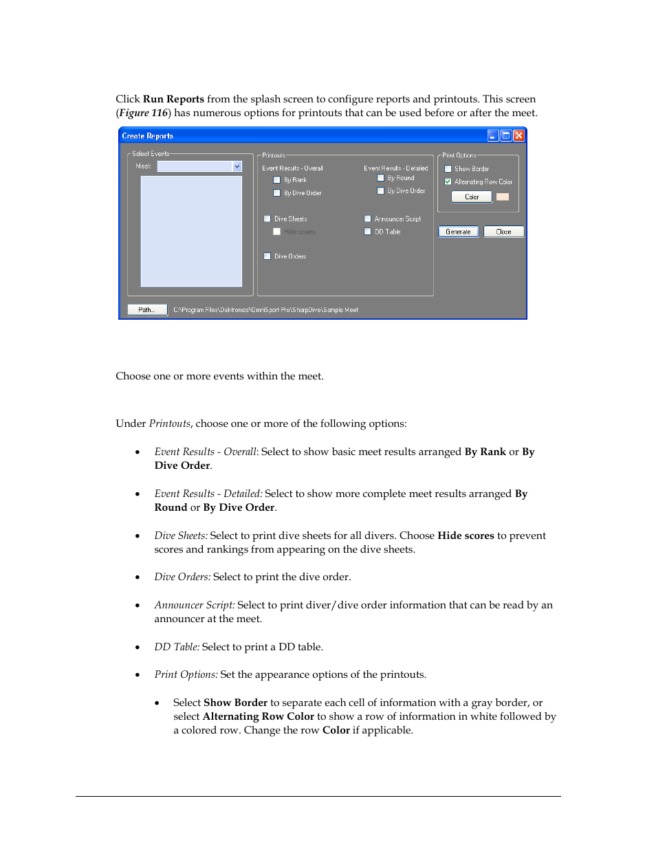 Run reports, Select a meet, Printouts | Daktronics OmniSport 2000 Timing Console User Manual | Page 136 / 316