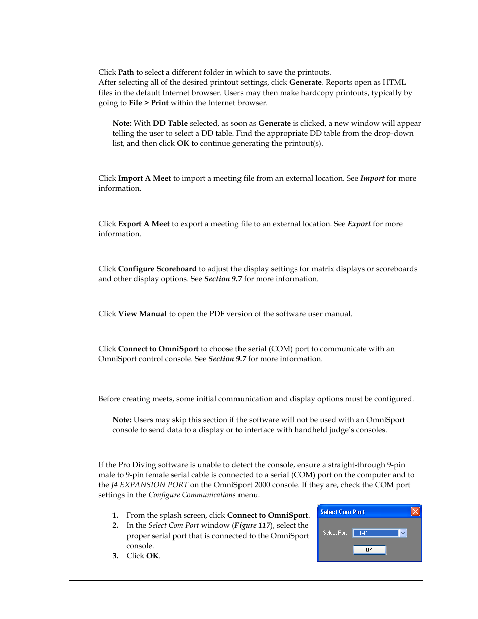 Path & generate buttons, Import a meet, Export a meet | Configure scoreboard, View manual, Connect to omnisport, 7 configuring the software, Communication configuration, Configuring the software | Daktronics OmniSport 2000 Timing Console User Manual | Page 137 / 316