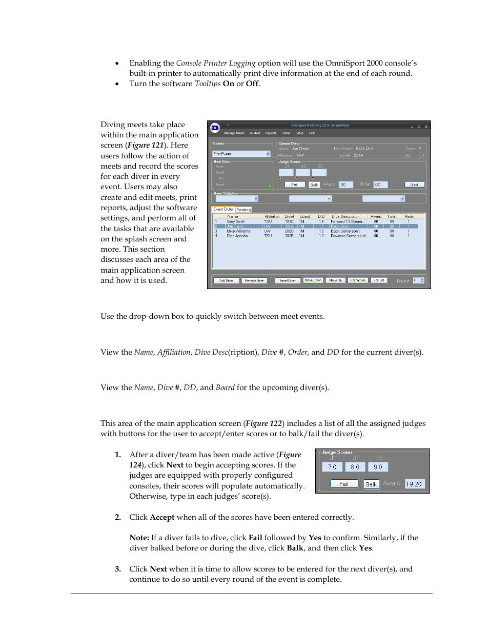 8 main application screen, Events, Current diver | Next diver, Judge scores, Main application screen | Daktronics OmniSport 2000 Timing Console User Manual | Page 139 / 316