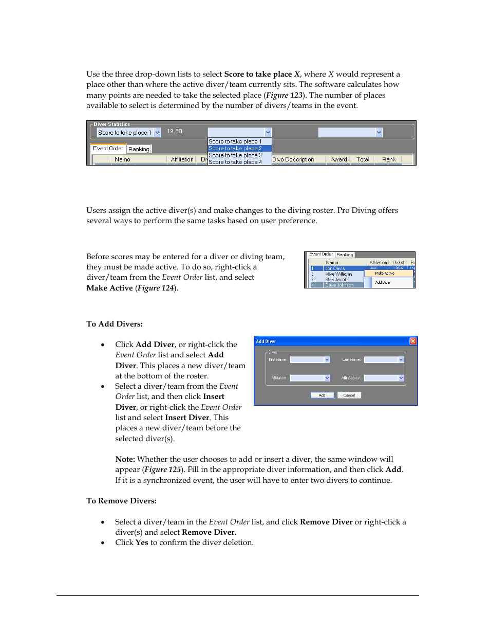 Diver statistics, Event order, Making divers active | Adding/removing divers, Figure | Daktronics OmniSport 2000 Timing Console User Manual | Page 140 / 316