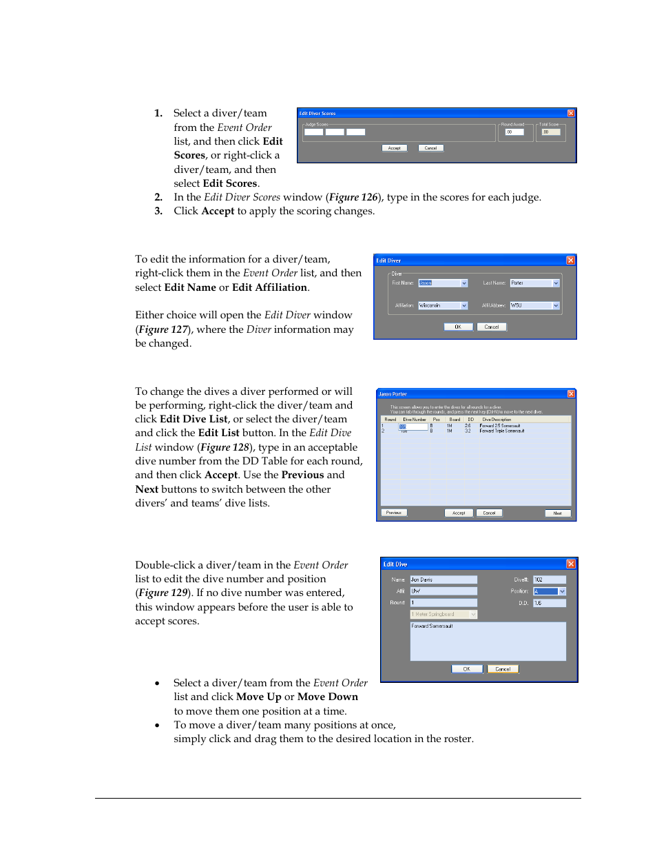 Editing scores, Editing diver information, Editing dive list | Editing dives, Rearranging divers | Daktronics OmniSport 2000 Timing Console User Manual | Page 141 / 316