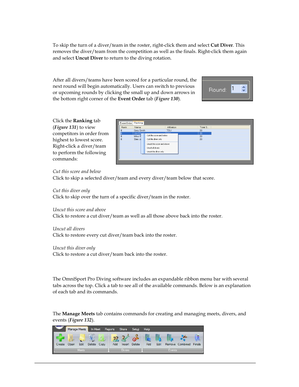 Cutting/uncutting divers, Round, Ranking | 9 ribbon menu bar, Manage meets, Ribbon menu bar | Daktronics OmniSport 2000 Timing Console User Manual | Page 142 / 316