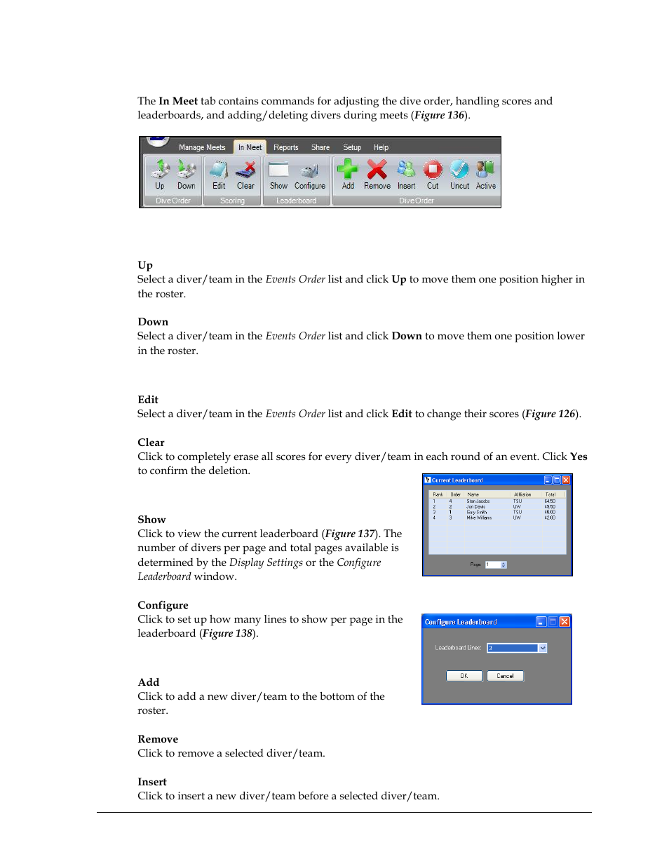 In meet, Dive order, Scoring | Leaderboard | Daktronics OmniSport 2000 Timing Console User Manual | Page 145 / 316