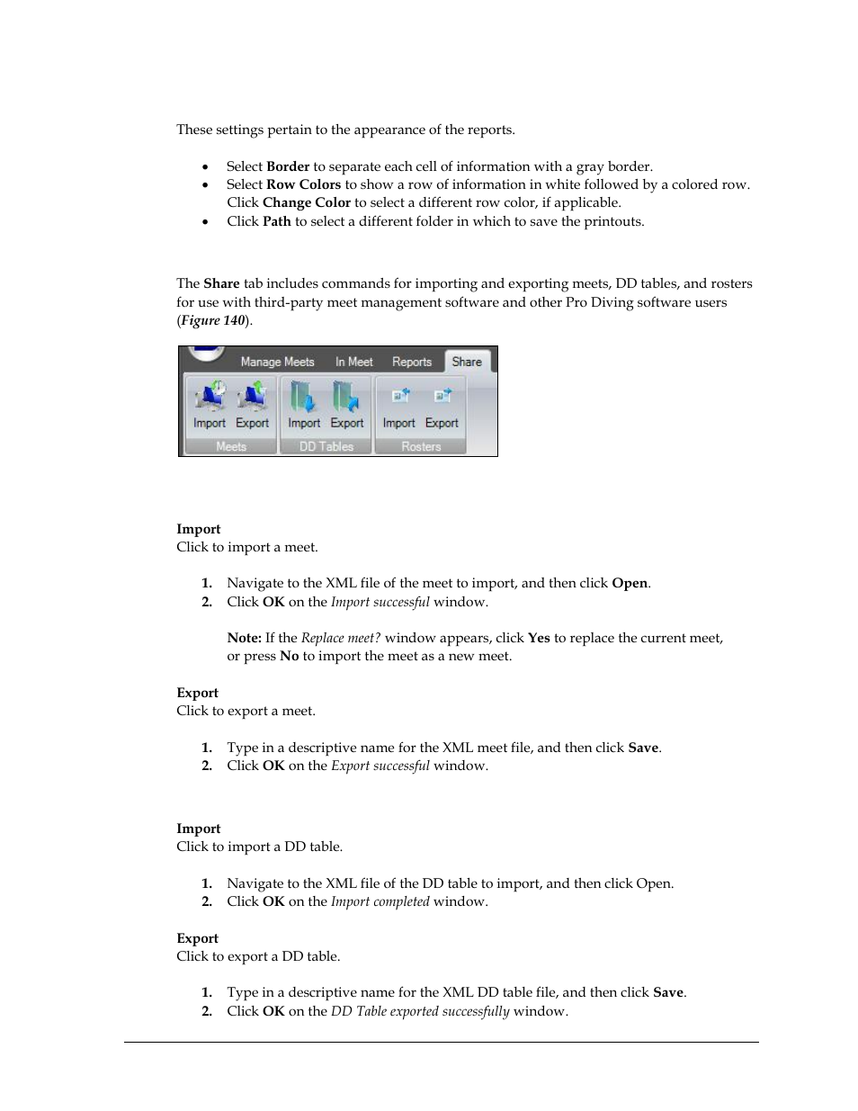 Options, Share, Meets | Dd tables, Import, Export | Daktronics OmniSport 2000 Timing Console User Manual | Page 147 / 316