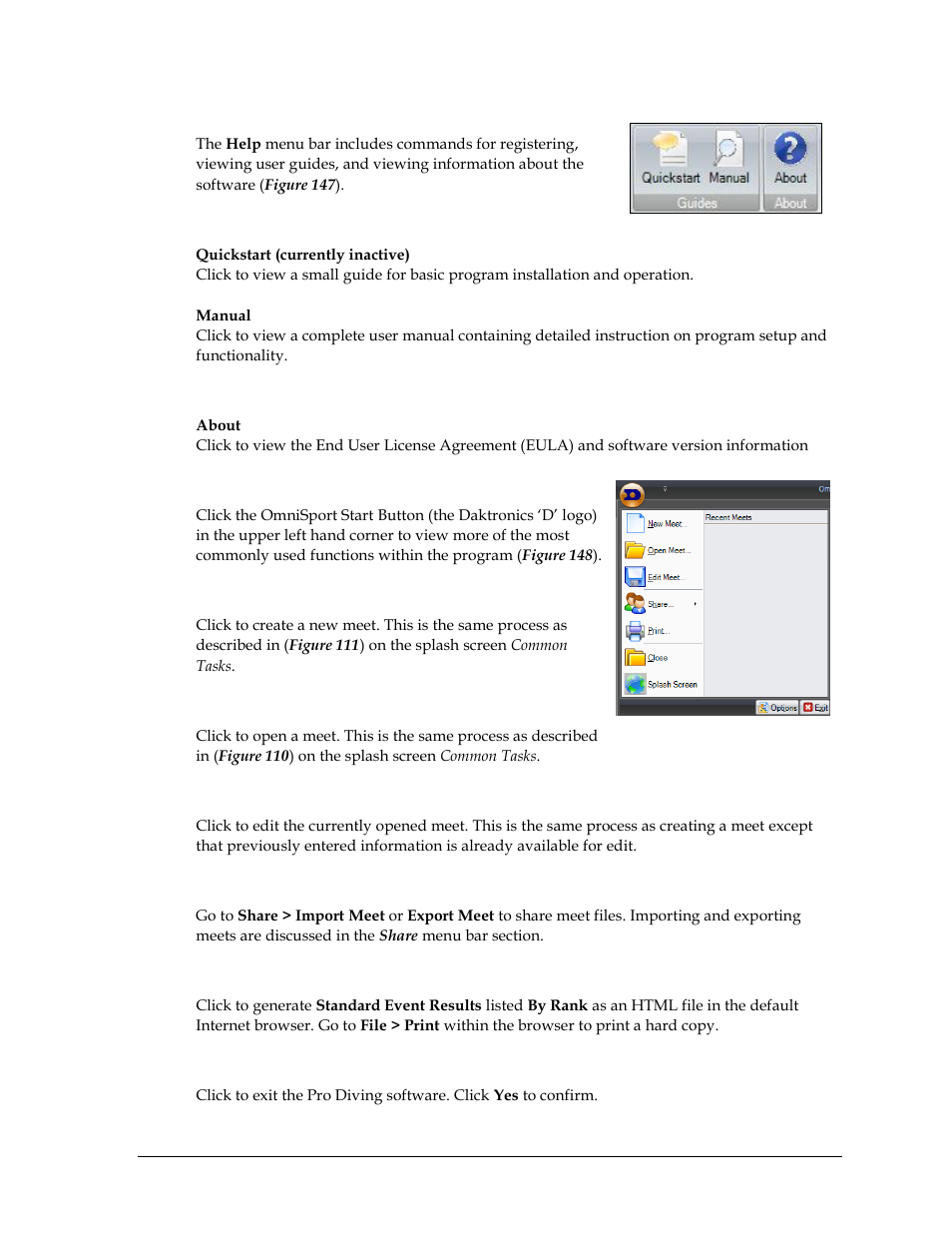Help, Guides, About | Omnisport start button, New meet, Open meet, Edit meet, Share, Print, Close | Daktronics OmniSport 2000 Timing Console User Manual | Page 151 / 316