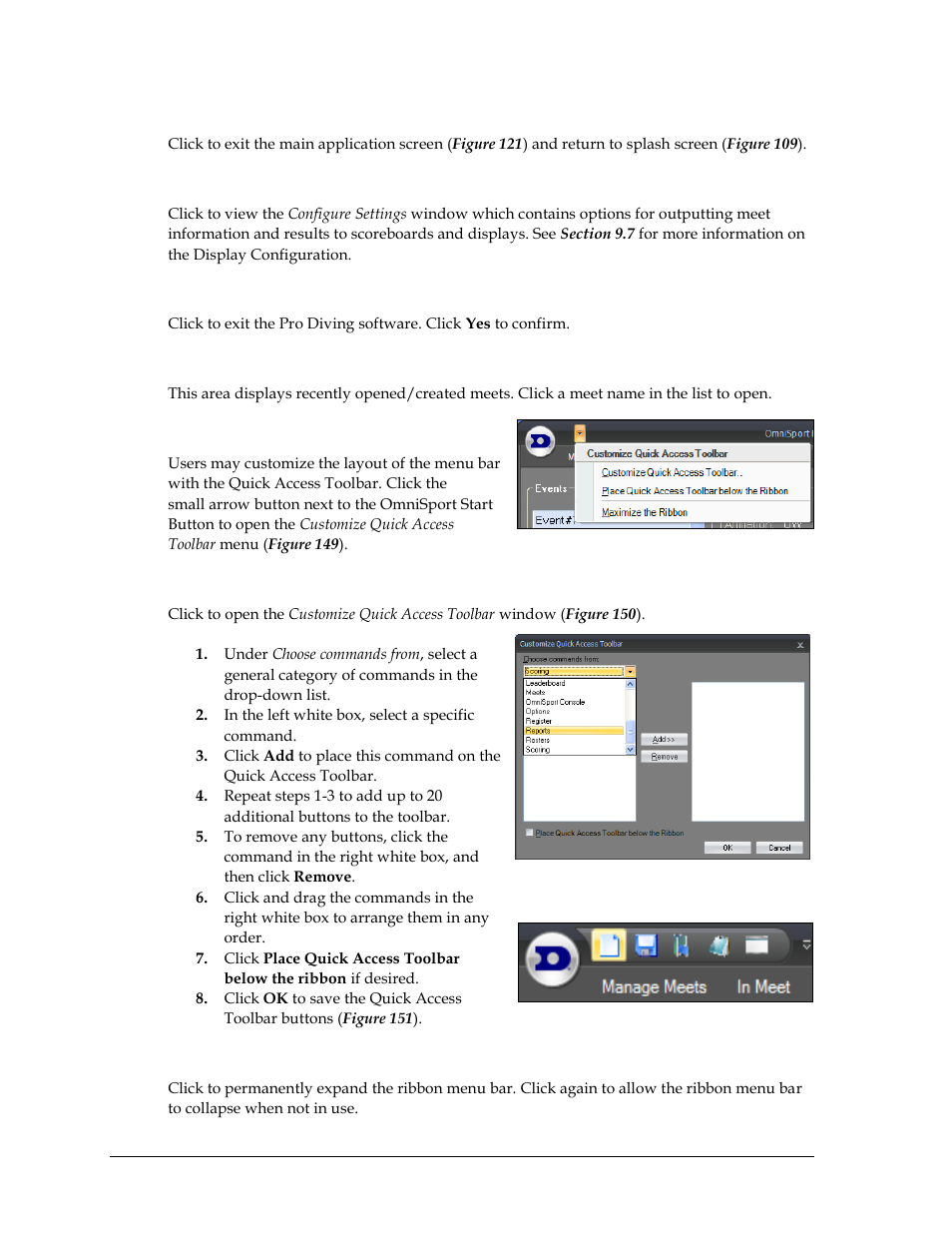 Splash screen, Options, Exit | Recent meets, Quick access toolbar, Customize quick access toolbar, Maximize/minimize the ribbon (currently inactive) | Daktronics OmniSport 2000 Timing Console User Manual | Page 152 / 316