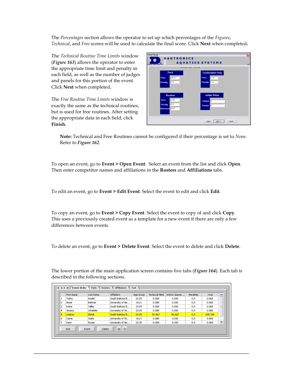 Opening events, Editing events, Copying events | Deleting events, 8 main application screen, Main application screen | Daktronics OmniSport 2000 Timing Console User Manual | Page 160 / 316
