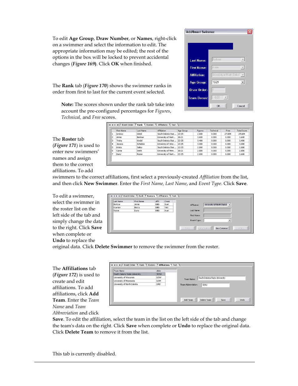 Rank tab, Roster tab, Affiliations tab | Test tab | Daktronics OmniSport 2000 Timing Console User Manual | Page 162 / 316