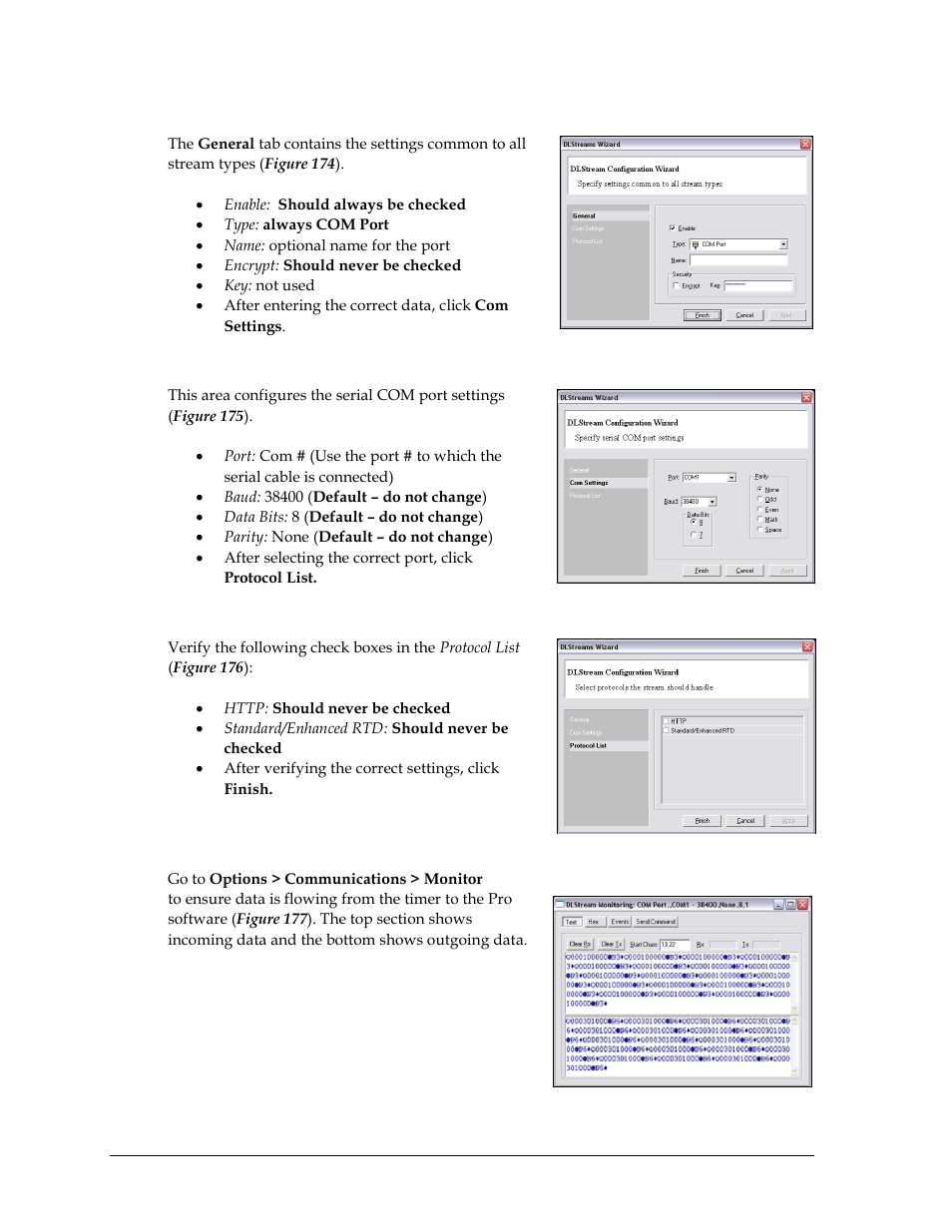 General configurations, Com settings, Protocol list | Communications monitor | Daktronics OmniSport 2000 Timing Console User Manual | Page 164 / 316