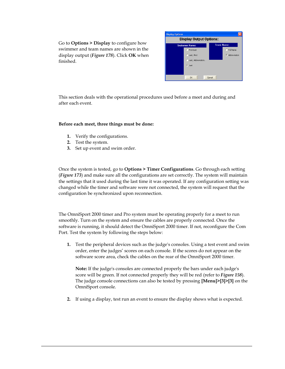 Display options, 10 typical operation, Before the meet | Verify the configurations, Test the system, Typical operation | Daktronics OmniSport 2000 Timing Console User Manual | Page 165 / 316