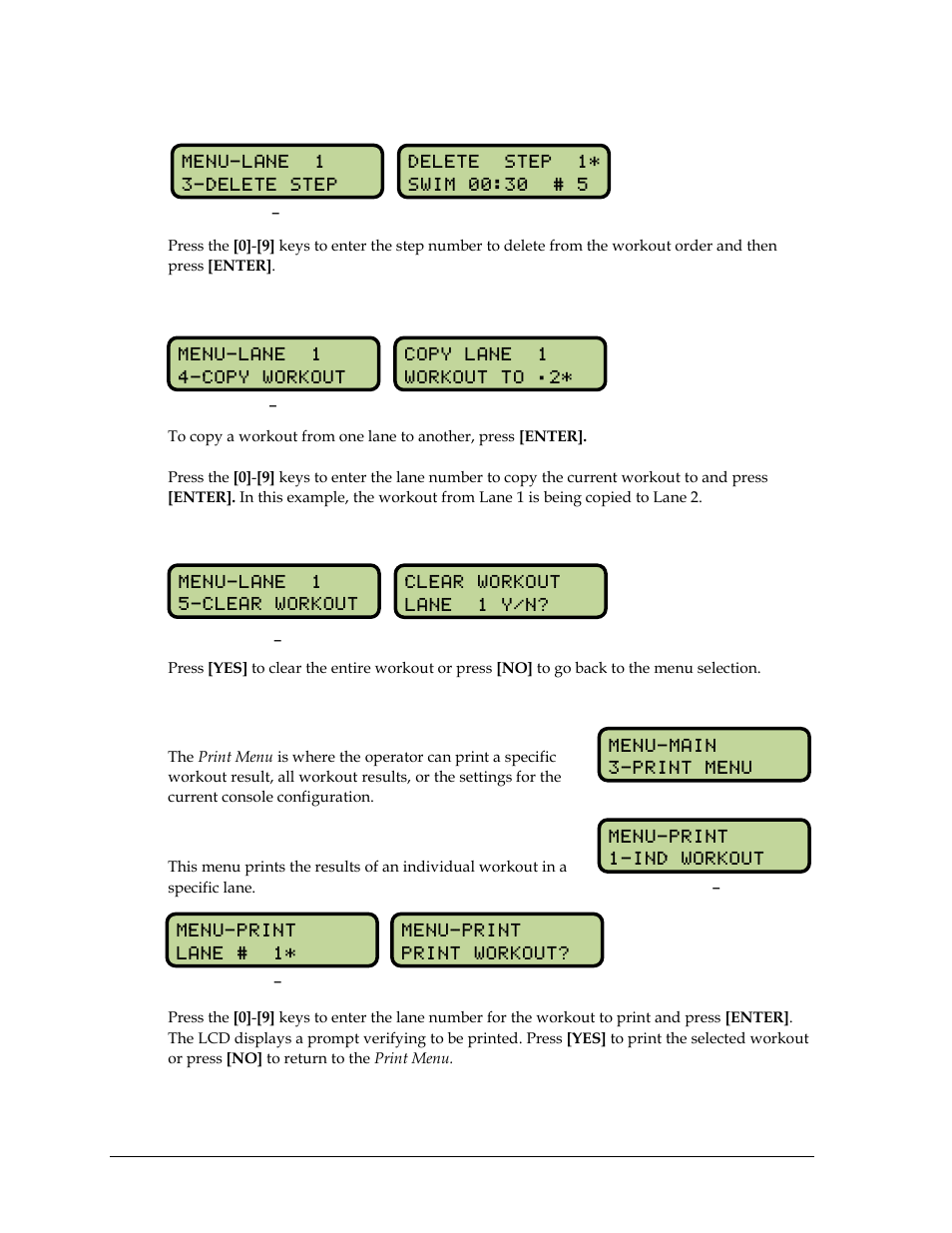 Delete step, Copy workout, Clear workout | 7 print menu, Individual workout, Print menu | Daktronics OmniSport 2000 Timing Console User Manual | Page 172 / 316