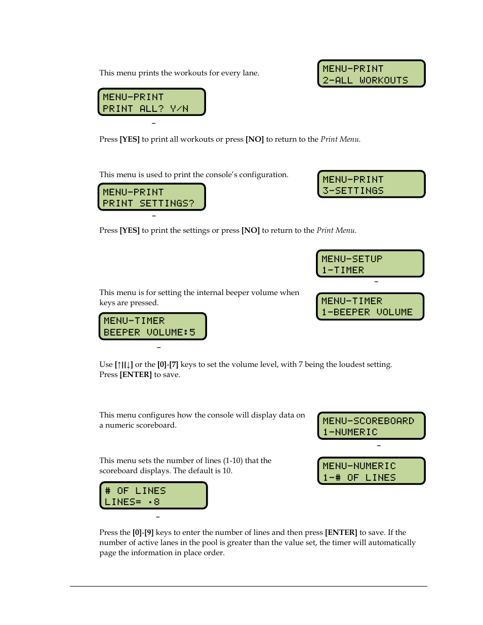 All workouts, Settings, 8 setup timer menu | Beeper volume, 9 setup numeric scoreboard menu, Number of lines, Setup timer menu, Setup numeric scoreboard menu | Daktronics OmniSport 2000 Timing Console User Manual | Page 173 / 316