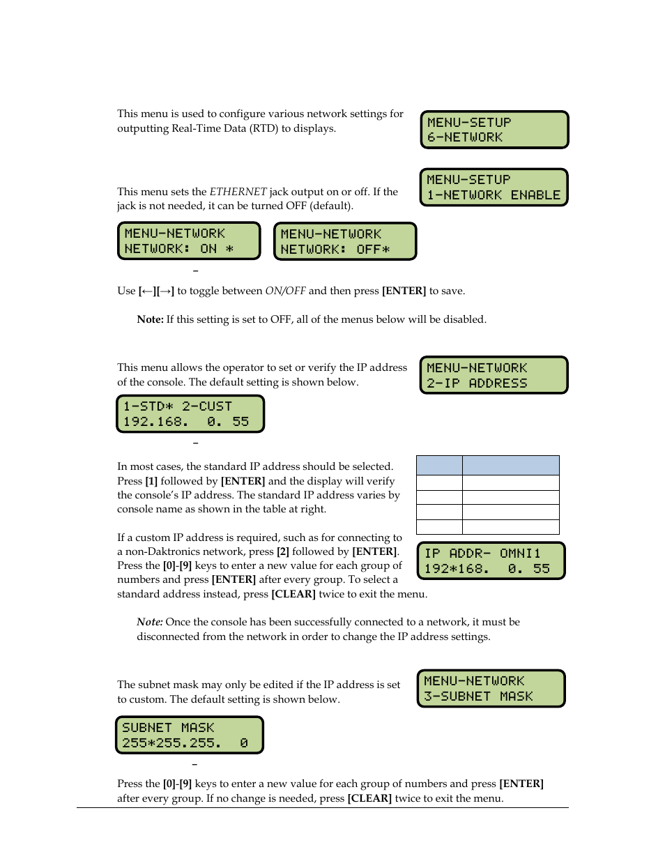 14 setup network menu, Network enable, Ip address | Subnet mask, Setup network menu | Daktronics OmniSport 2000 Timing Console User Manual | Page 176 / 316