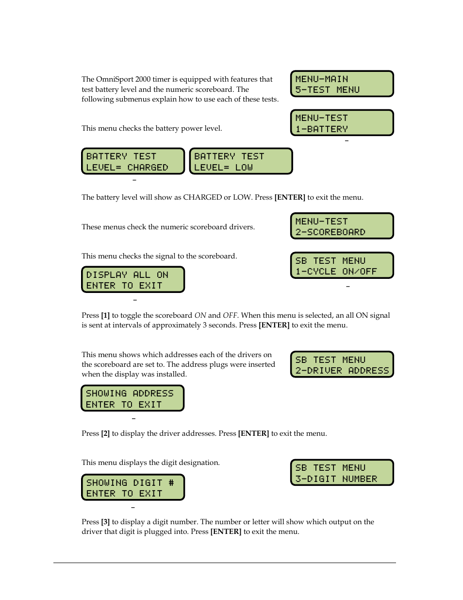 15 test menu, Battery test, Scoreboard test | Cycle on/off, Driver address, Digit number, Test menu | Daktronics OmniSport 2000 Timing Console User Manual | Page 178 / 316