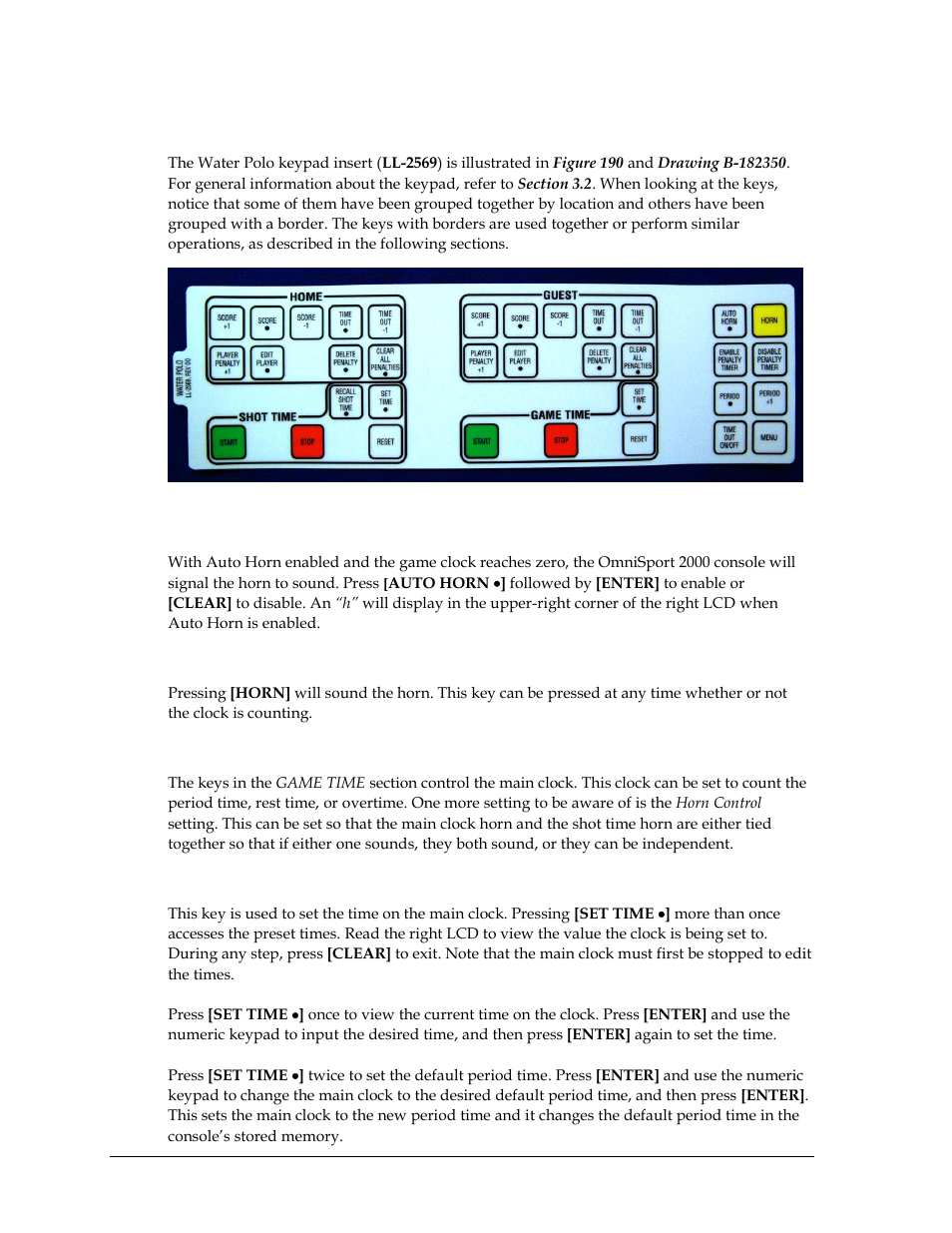 3 keypad insert descriptions, Auto horn, Manual horn | Game time keys, Set time, Keypad insert descriptions | Daktronics OmniSport 2000 Timing Console User Manual | Page 186 / 316