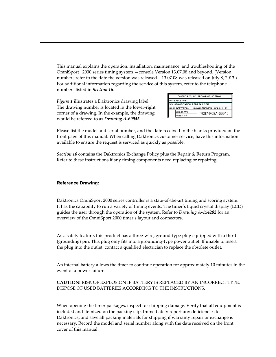 Section 1: introduction, 1 manual contents for version 13.07.08 and beyond, 2 timer overview | Safety first, Battery, Opening timer packages, Section 1, Introduction, Manual contents for version 13.07.08 and beyond, Timer overview | Daktronics OmniSport 2000 Timing Console User Manual | Page 19 / 316