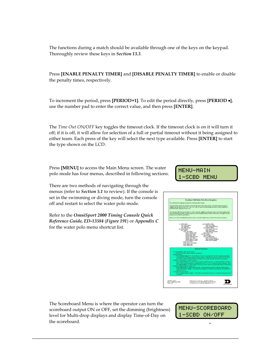 5 in-game operations, Enable/disable penalty timer keys, Period keys | Time out on/off, 6 menu navigation, 7 scoreboard menu, In-game operations, Menu navigation, Scoreboard menu | Daktronics OmniSport 2000 Timing Console User Manual | Page 190 / 316