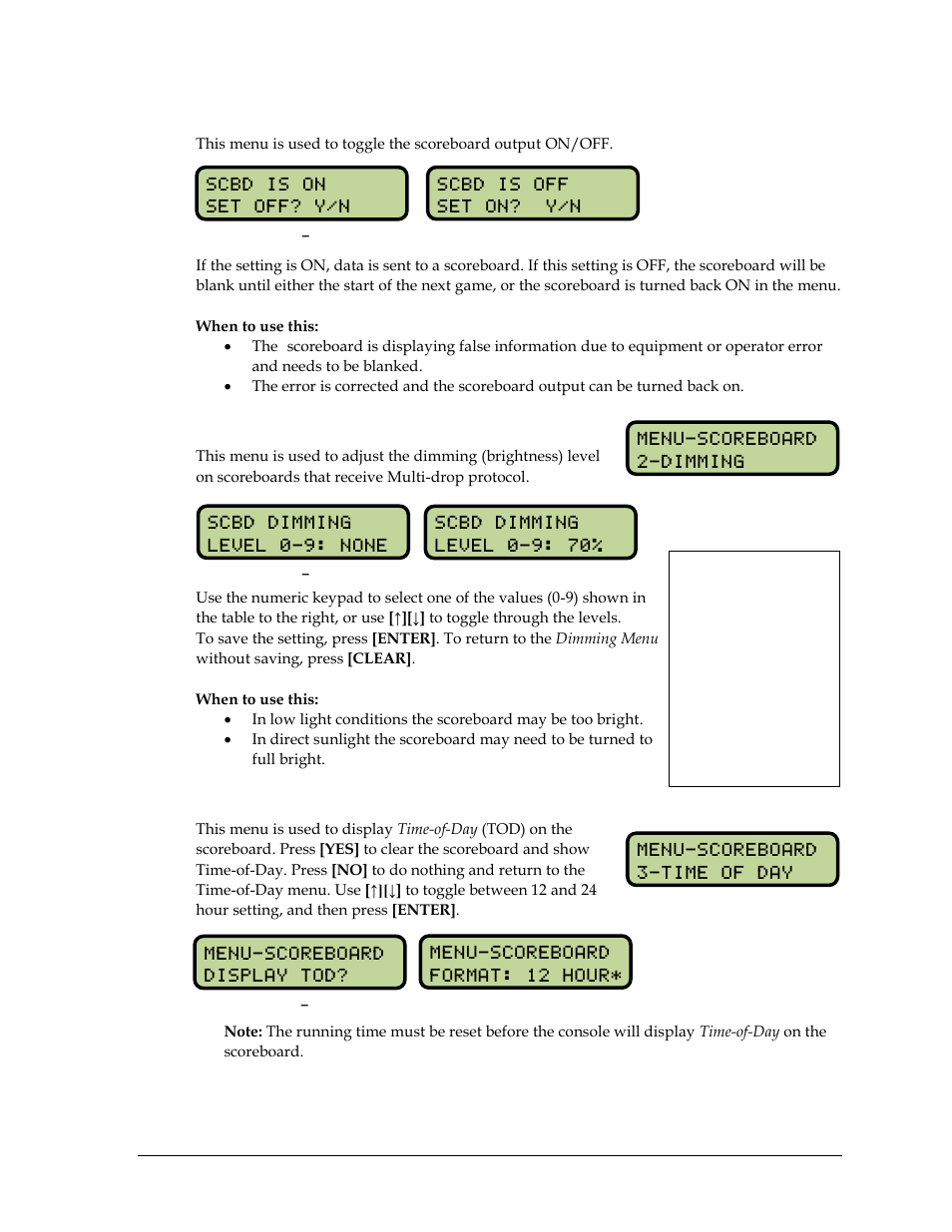 Scoreboard on/off, Dimming, Time-of-day | Daktronics OmniSport 2000 Timing Console User Manual | Page 191 / 316