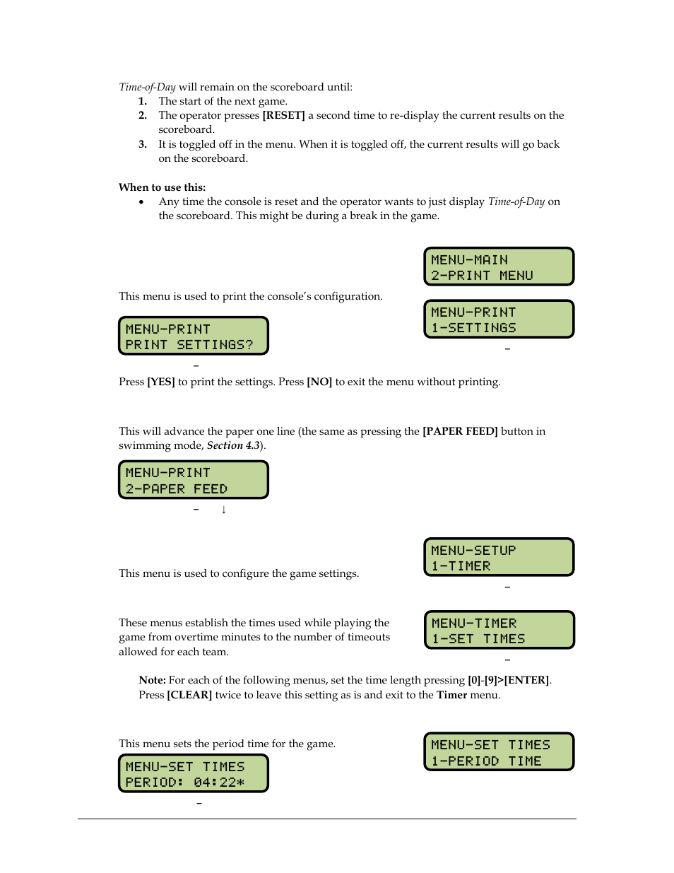 8 print menu, Print settings, Paper feed | 9 setup timer menu, Set times, Period time, Print menu, Setup timer menu, N 13.9 ), N 13.9) | Daktronics OmniSport 2000 Timing Console User Manual | Page 192 / 316