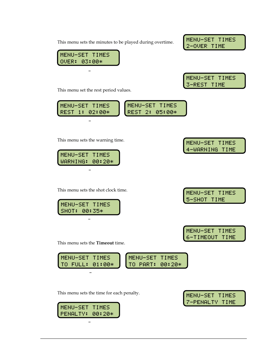 Overtime, Rest time, Warning time | Shot time, Timeout time, Penalty time | Daktronics OmniSport 2000 Timing Console User Manual | Page 193 / 316