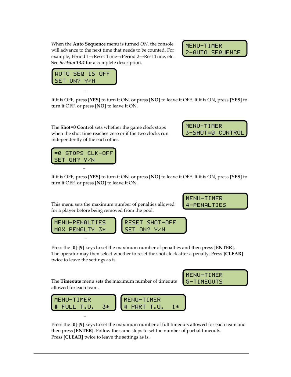 Auto sequence, Shot=0 control, Penalties | Timeouts | Daktronics OmniSport 2000 Timing Console User Manual | Page 194 / 316