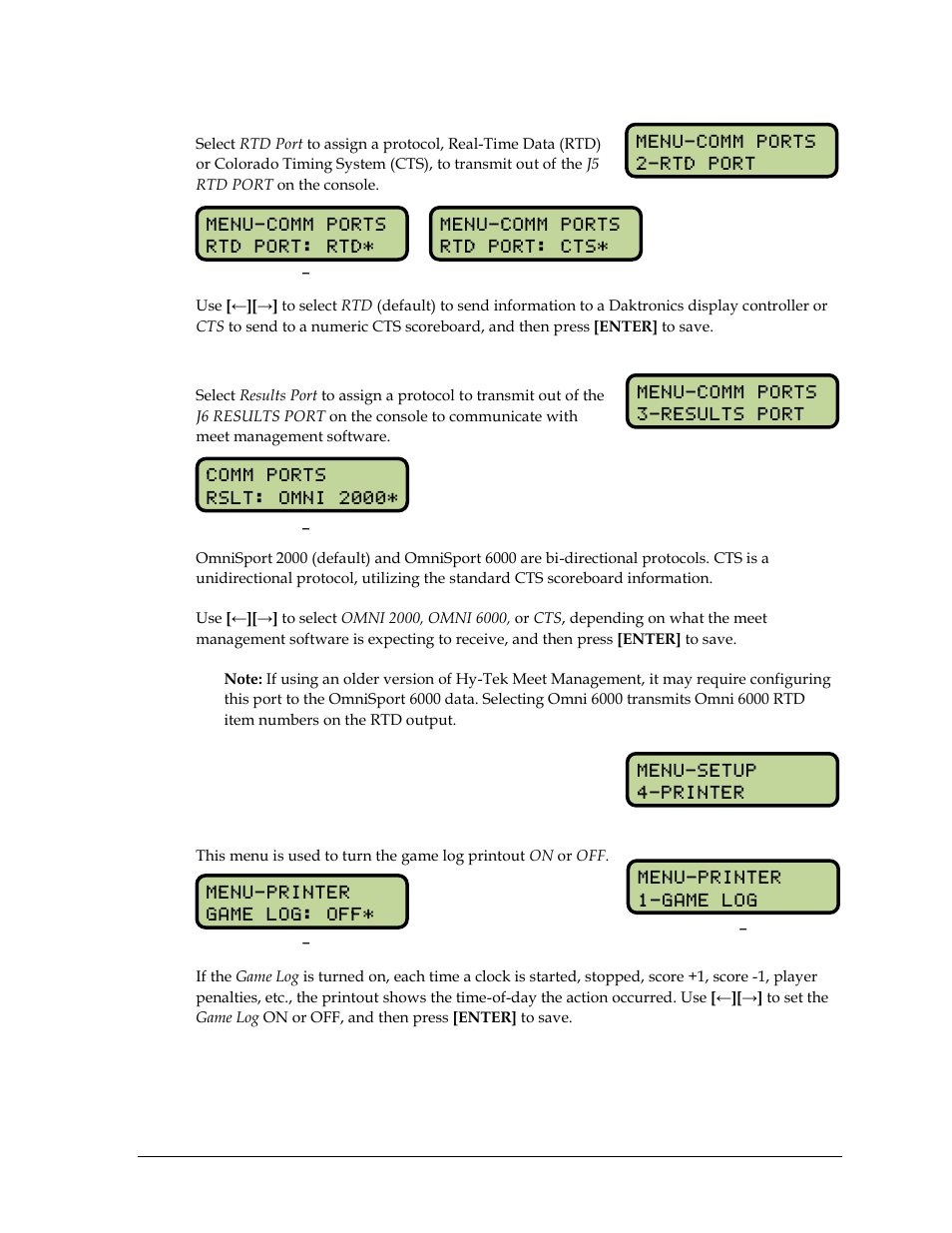 Rtd port, Results port, 13 setup printer menu | Game log, Setup printer menu | Daktronics OmniSport 2000 Timing Console User Manual | Page 197 / 316