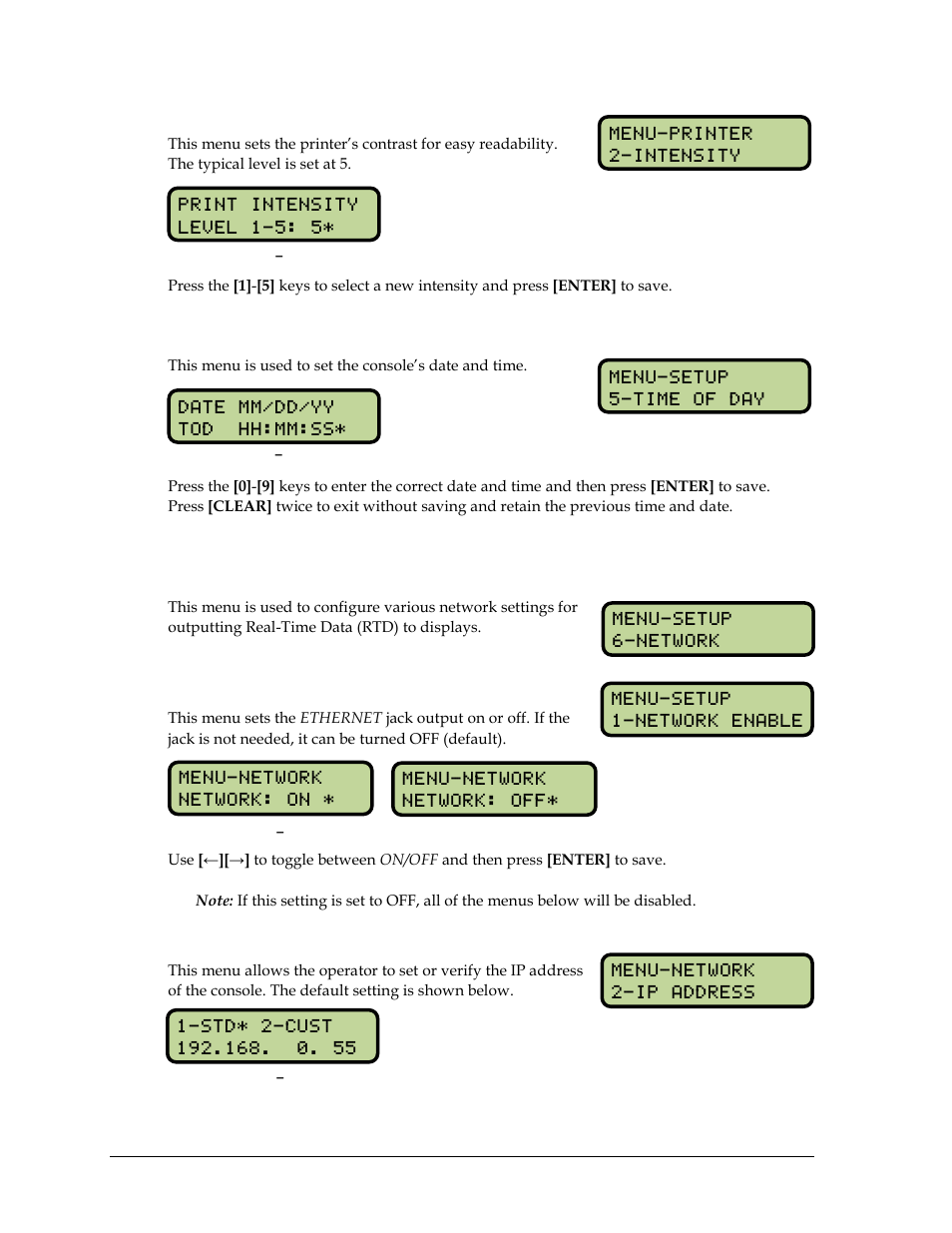 Intensity, 14 setup time-of-day menu, 15 setup network menu | Network enable, Ip address, Setup time-of-day menu, Setup network menu | Daktronics OmniSport 2000 Timing Console User Manual | Page 198 / 316