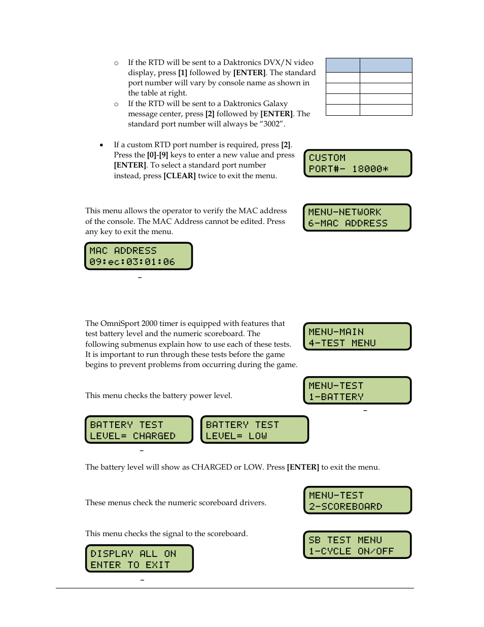 Mac address, 16 test menu, Battery test | Scoreboard test, Cycle on/off, Test menu | Daktronics OmniSport 2000 Timing Console User Manual | Page 200 / 316