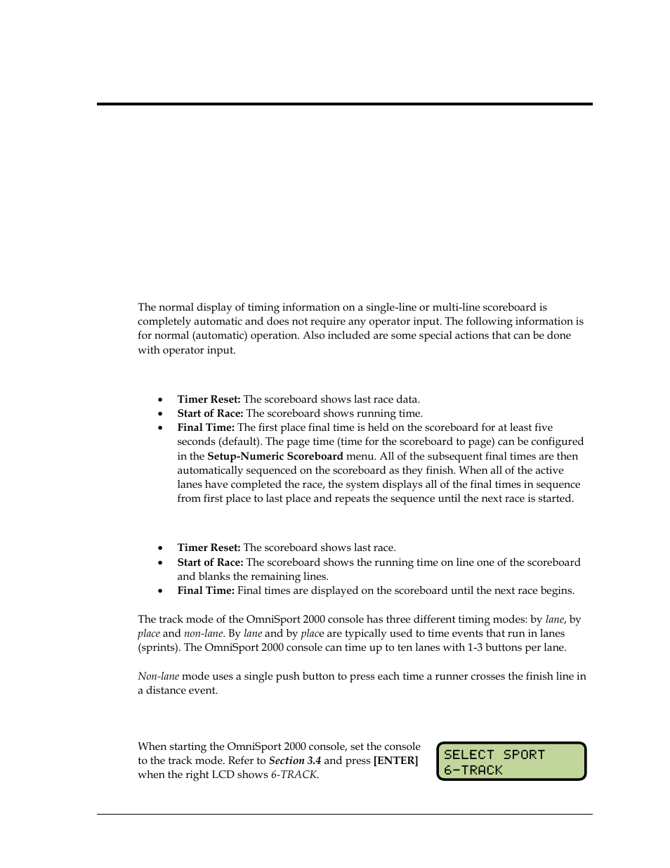 Section 14: track mode operation, 1 general features, Single-line scoreboards | Multi-line scoreboards, 2 getting started, Section 14, Track mode operation, General features, Getting started | Daktronics OmniSport 2000 Timing Console User Manual | Page 203 / 316