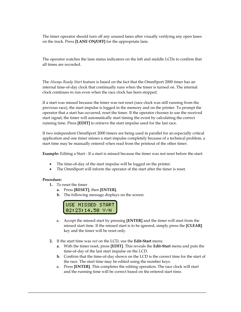 Check for unused lanes, Watch lane status lcds, Always ready start | Daktronics OmniSport 2000 Timing Console User Manual | Page 208 / 316