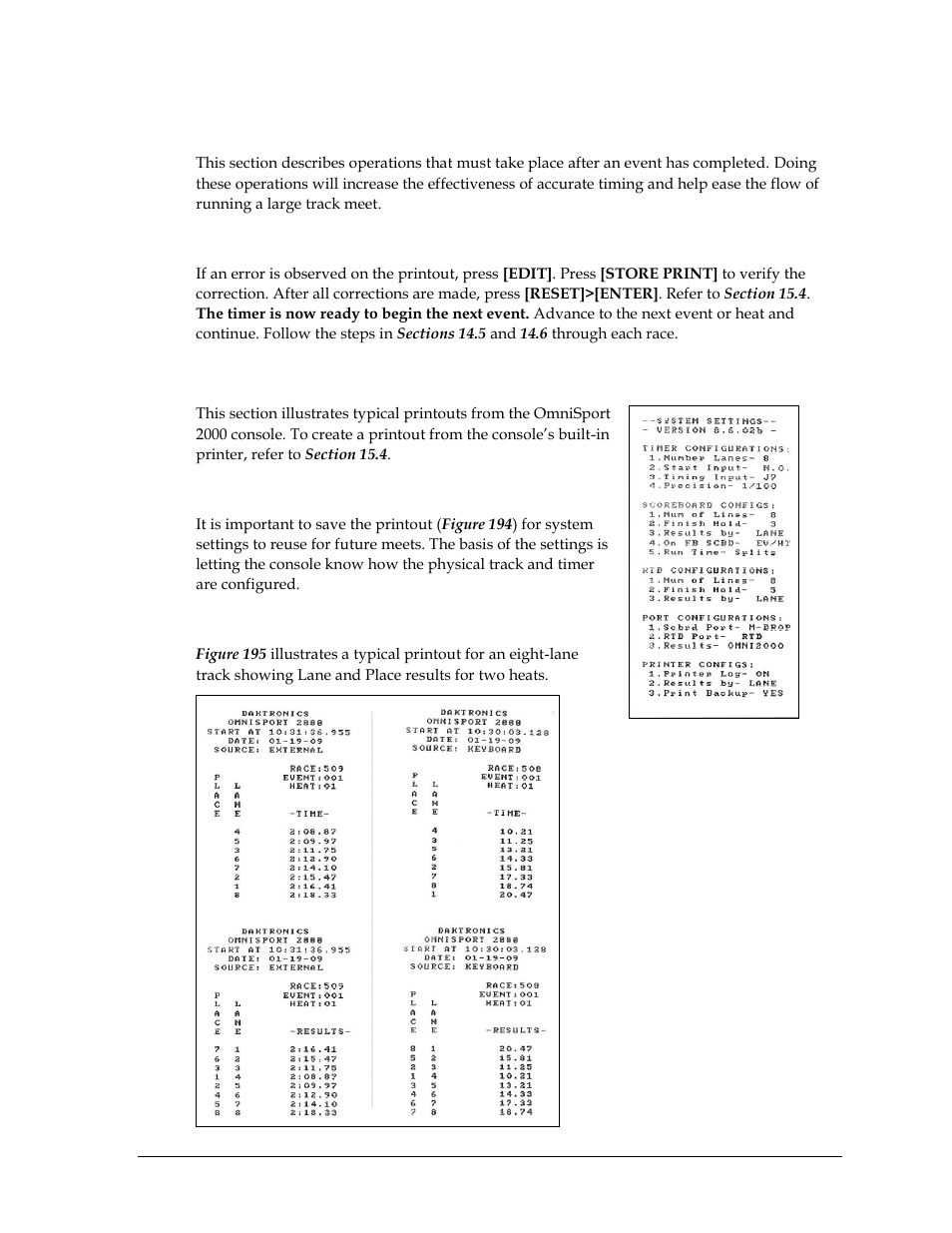 7 timer operations after race, Store print, 8 printouts from the built-in printer | Track configurations, Results printouts, Timer operations after race, Printouts from the built-in printer | Daktronics OmniSport 2000 Timing Console User Manual | Page 209 / 316