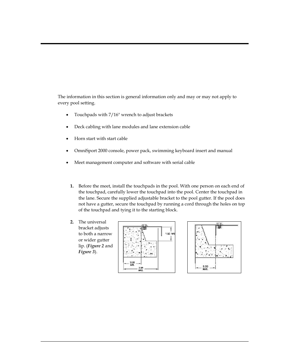 Section 2: timing system setup, 1 equipment overview, 2 touchpad installation | Section 2, Timing system setup, Equipment overview, Touchpad installation | Daktronics OmniSport 2000 Timing Console User Manual | Page 21 / 316