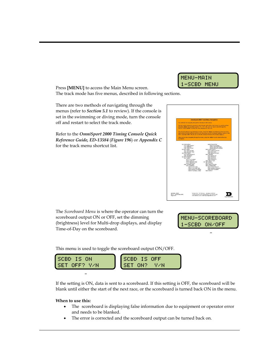 Section 15: track mode menus and settings, 1 menu navigation, 2 scoreboard menu | Scoreboard on/off, Section 15, Track mode menus and settings, Menu navigation, Scoreboard menu | Daktronics OmniSport 2000 Timing Console User Manual | Page 211 / 316
