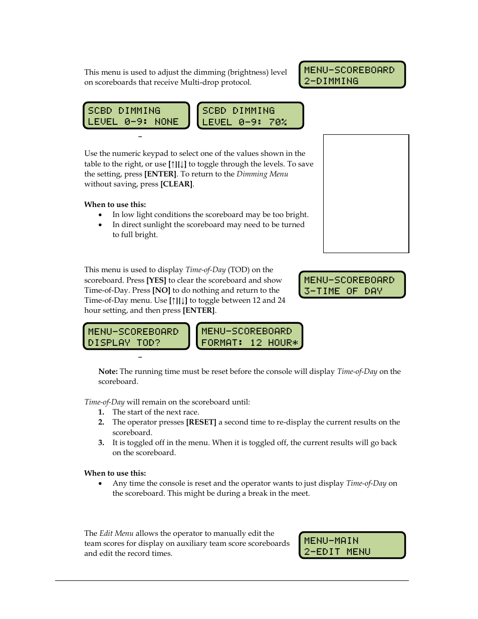 Dimming, Time-of-day, 3 edit menu | Edit menu, N 15.3 ) | Daktronics OmniSport 2000 Timing Console User Manual | Page 212 / 316