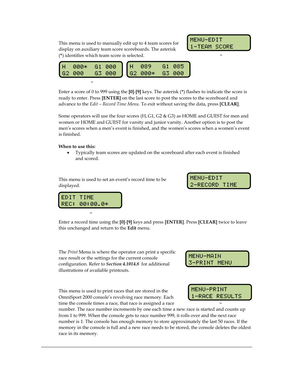 Edit team score, Record time, 4 print menu | Print race results, Print menu, Section 15.4 | Daktronics OmniSport 2000 Timing Console User Manual | Page 213 / 316