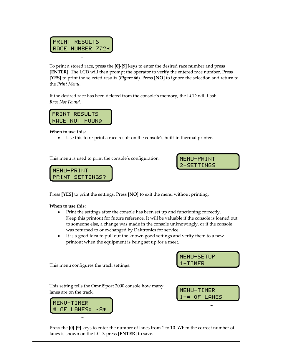 Print settings, 5 setup timer menu, Number of lanes | Setup timer menu | Daktronics OmniSport 2000 Timing Console User Manual | Page 214 / 316