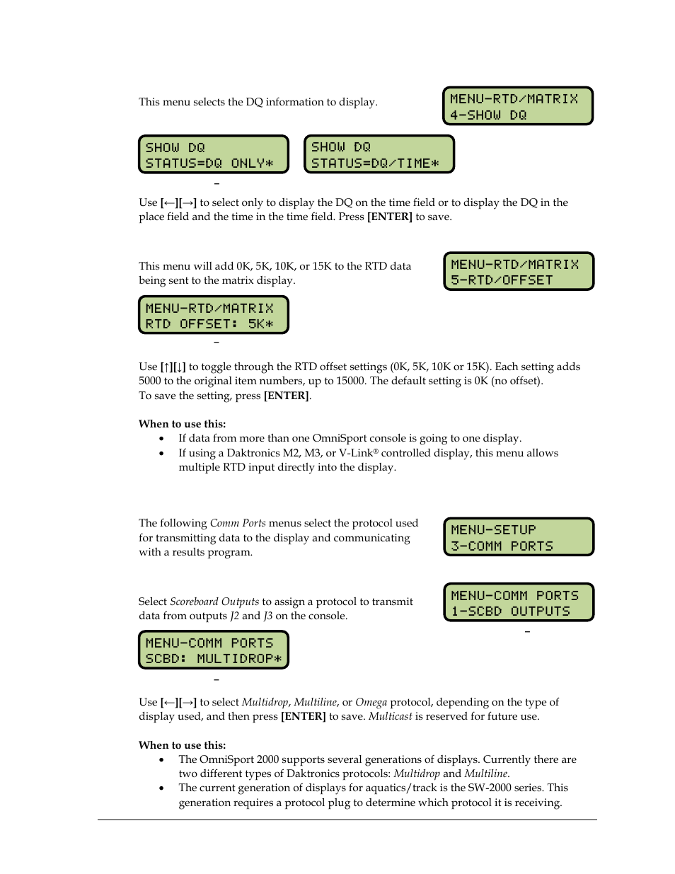 Show dq, Rtd offset, 8 setup comm ports menu | Scoreboard outputs, Setup comm ports menu | Daktronics OmniSport 2000 Timing Console User Manual | Page 219 / 316