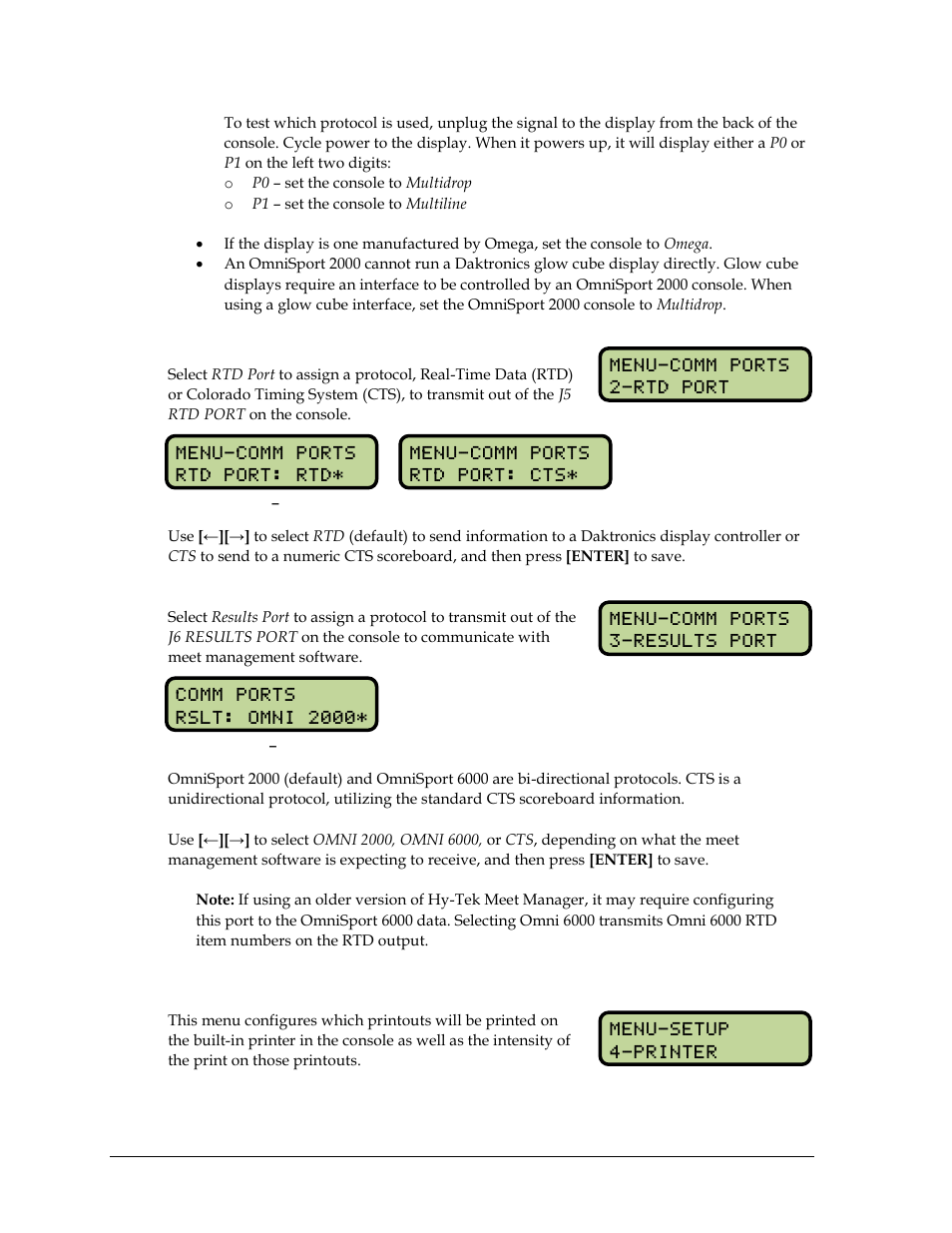 Rtd port, Results port, 9 setup printer menu | Setup printer menu | Daktronics OmniSport 2000 Timing Console User Manual | Page 220 / 316