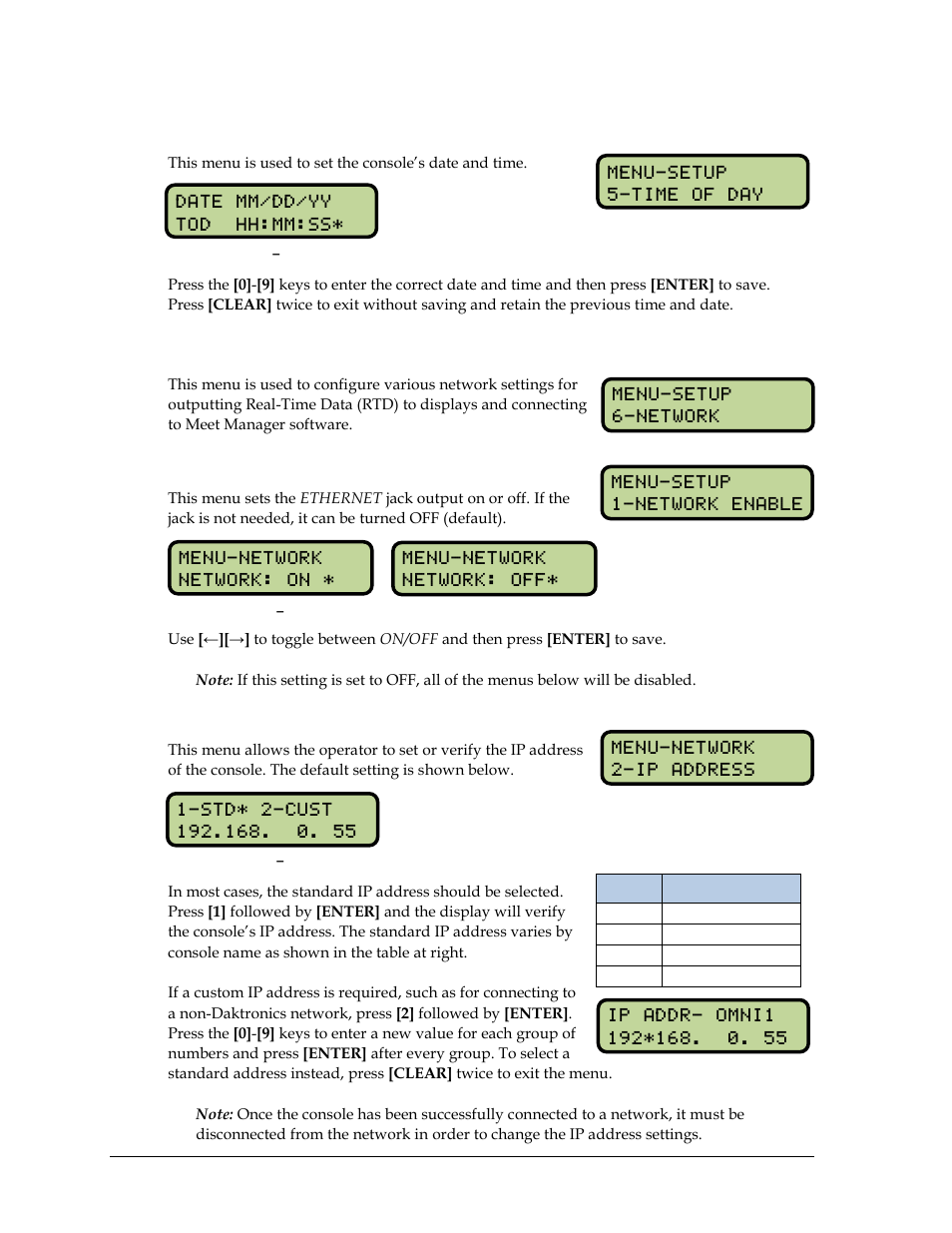 10 setup time-of-day menu, 11 setup network menu, Network enable | Ip address, Setup time-of-day menu, Setup network menu | Daktronics OmniSport 2000 Timing Console User Manual | Page 222 / 316