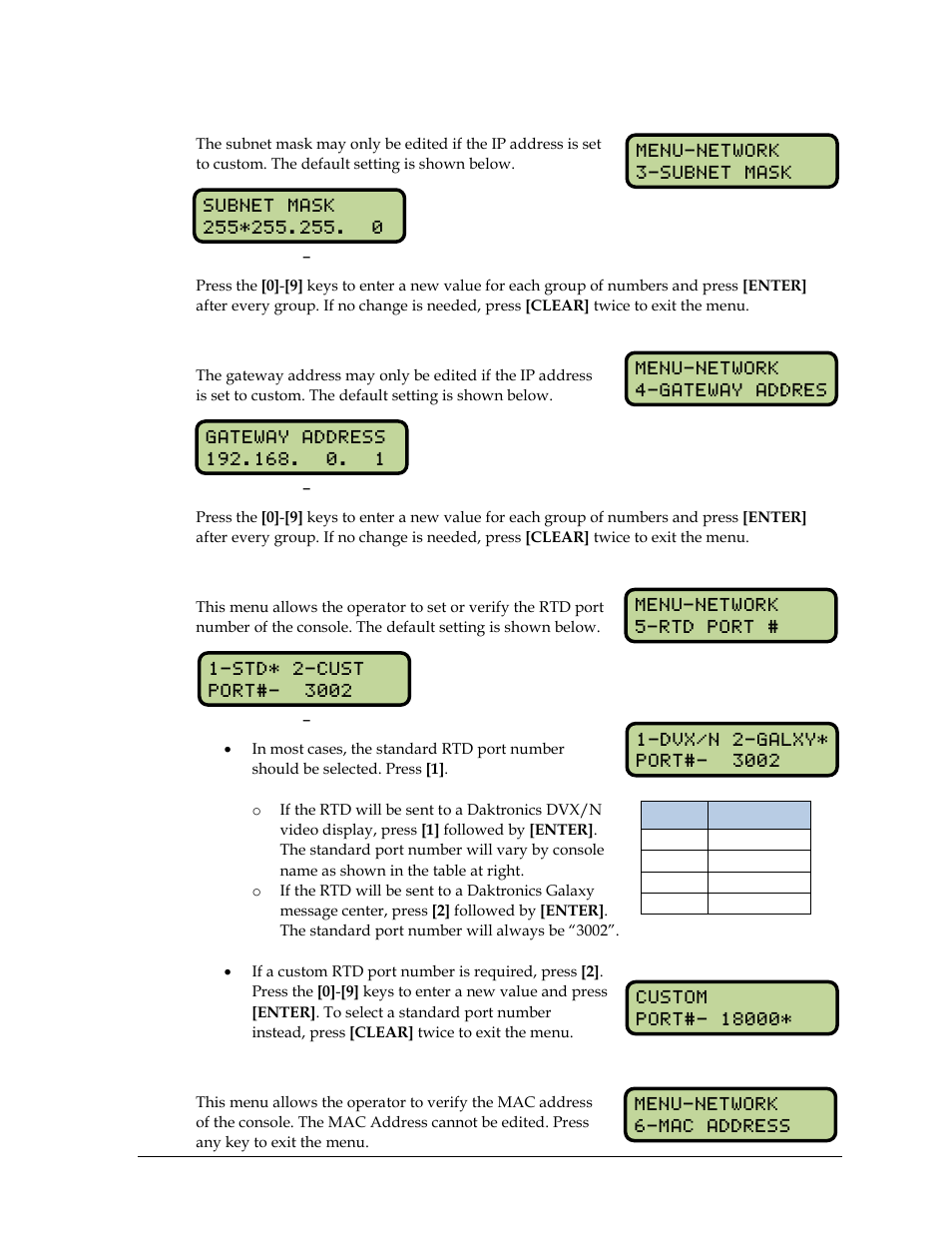 Subnet mask, Gateway address, Rtd port number | Mac address | Daktronics OmniSport 2000 Timing Console User Manual | Page 223 / 316