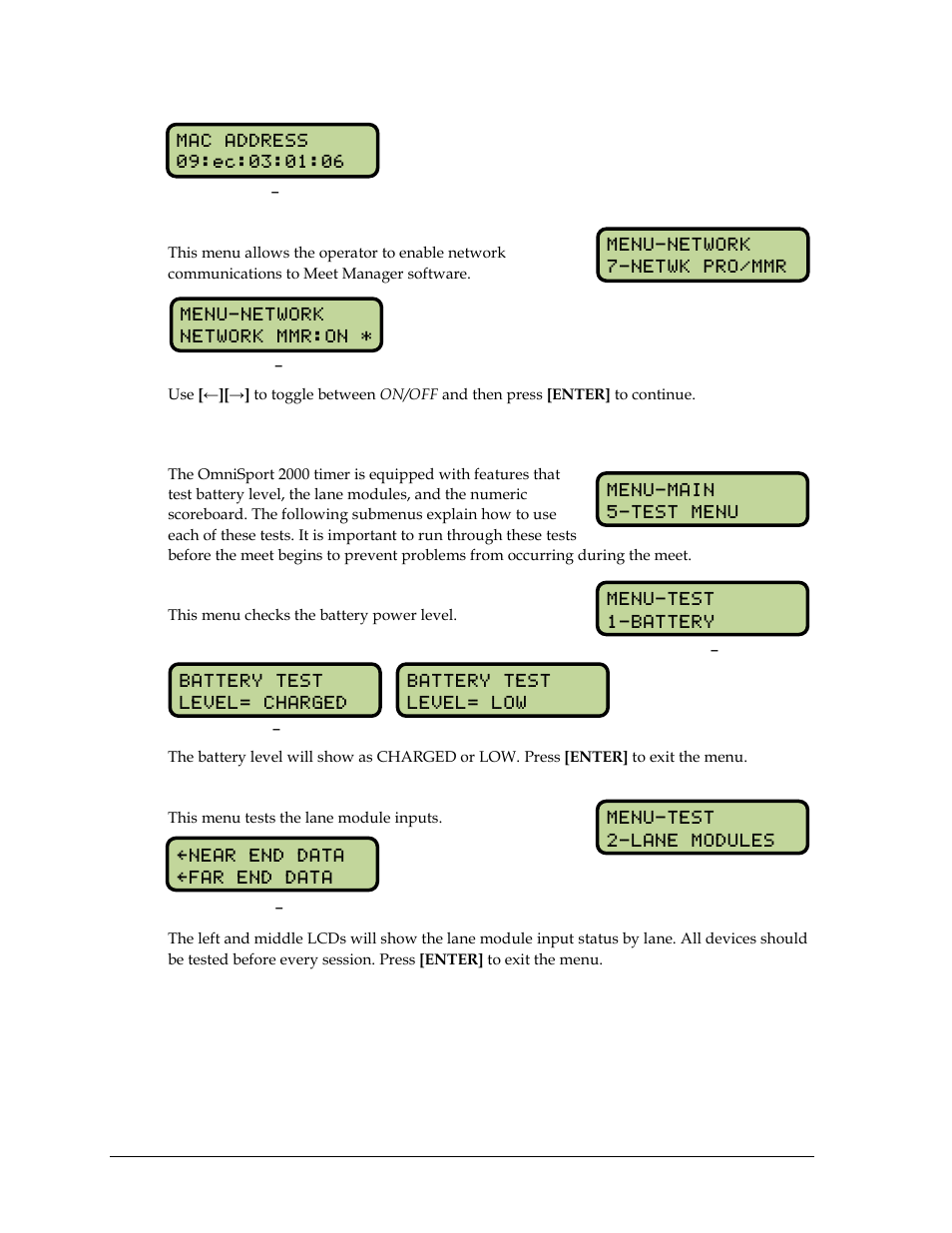 Meet manager software enable, 12 test menu, Battery test | Lane module test, Test menu | Daktronics OmniSport 2000 Timing Console User Manual | Page 224 / 316