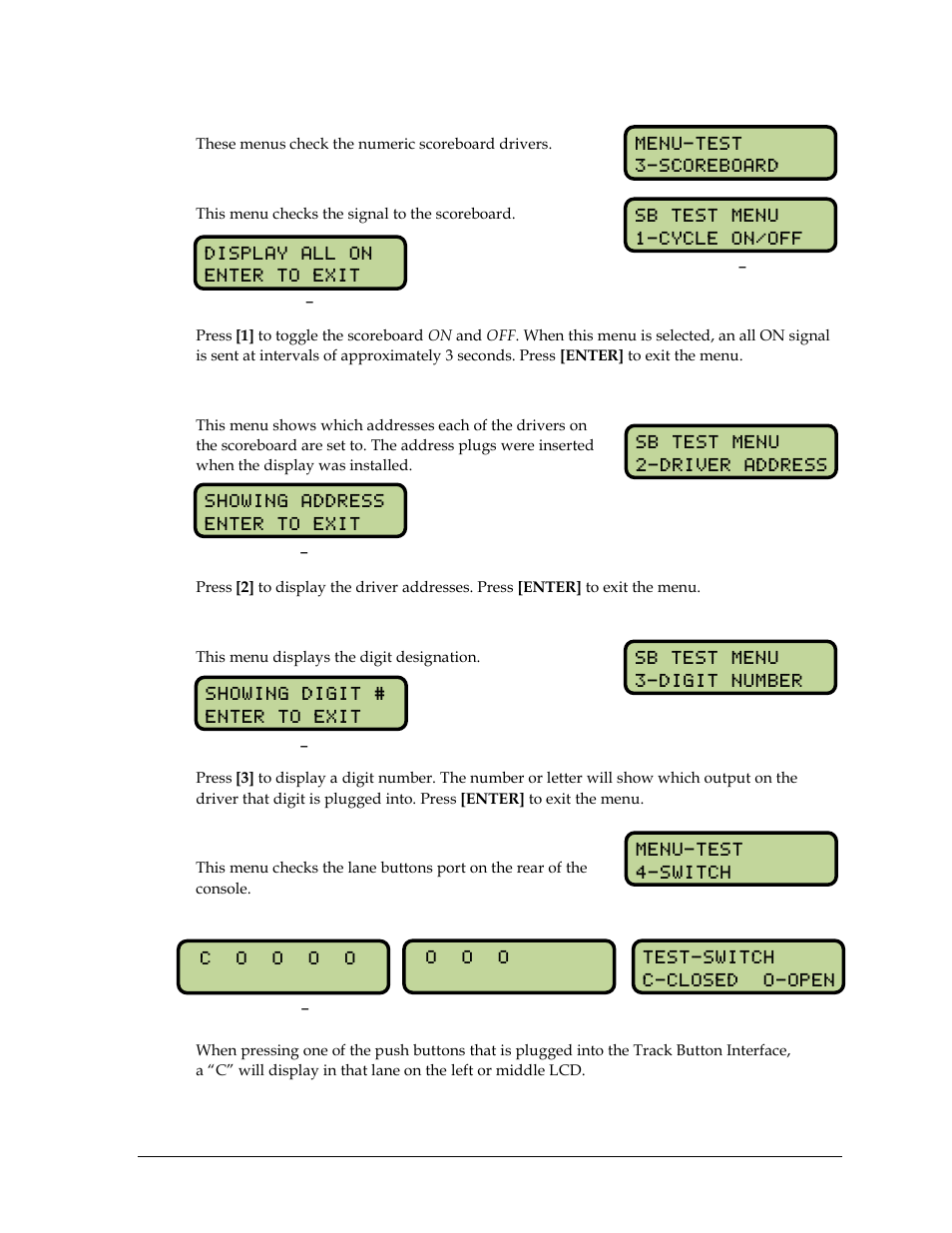 Scoreboard test, Cycle on/off, Driver address | Digit number, Switch | Daktronics OmniSport 2000 Timing Console User Manual | Page 225 / 316