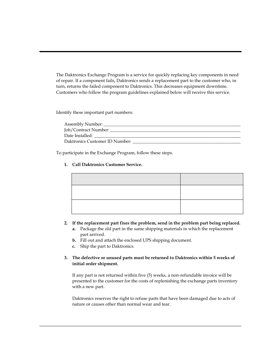 1 exchange program, Before contacting daktronics, Section 16 | Daktronics exchange and repair & return programs, Exchange program | Daktronics OmniSport 2000 Timing Console User Manual | Page 227 / 316