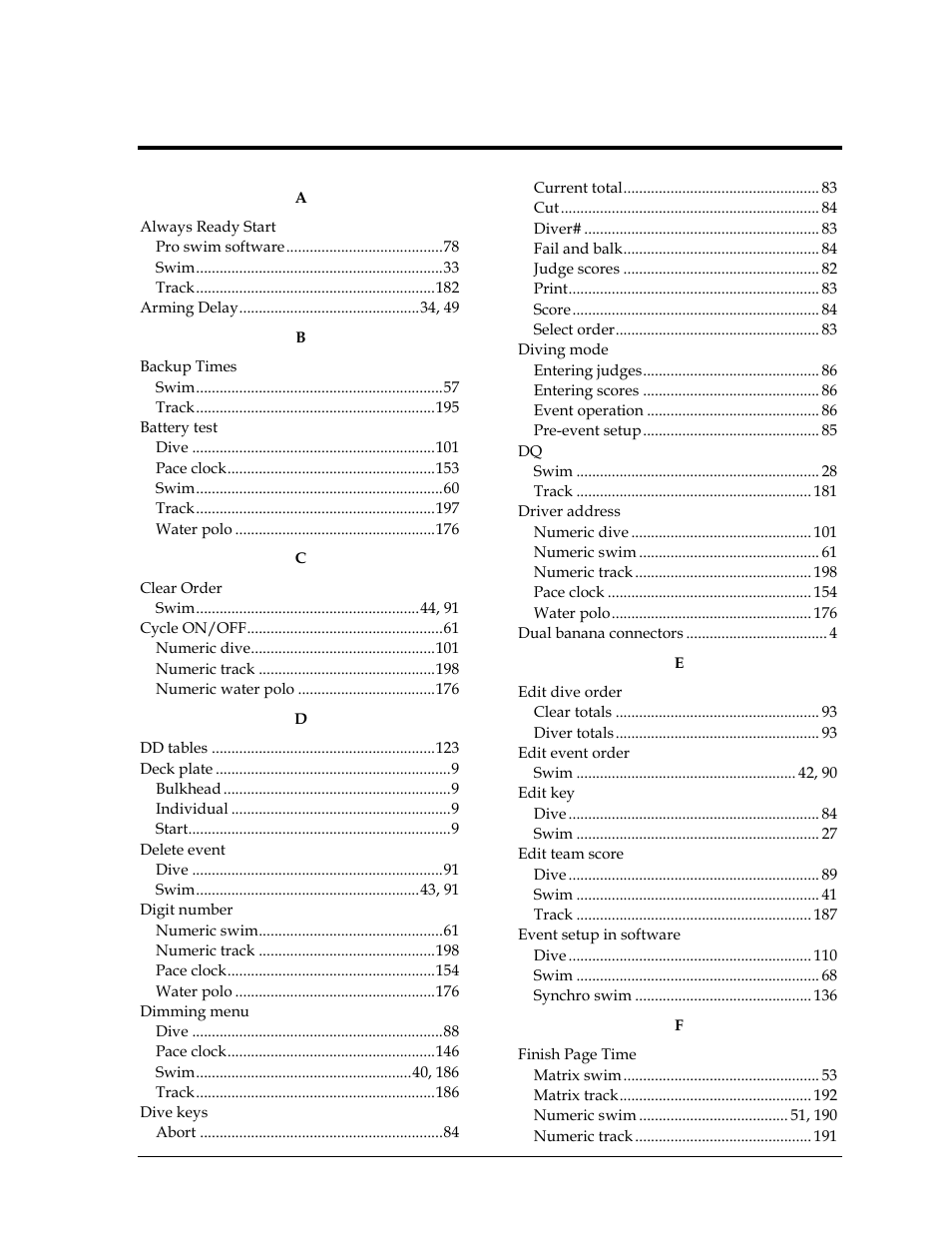 Index | Daktronics OmniSport 2000 Timing Console User Manual | Page 229 / 316