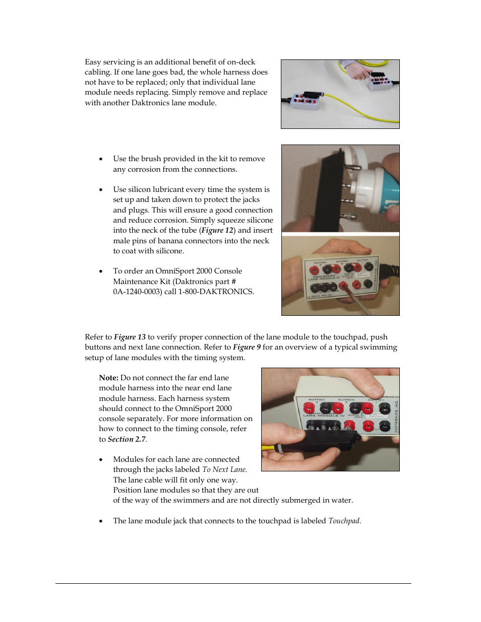 Use maintenance kit to ensure good connections, Connecting to lane modules | Daktronics OmniSport 2000 Timing Console User Manual | Page 24 / 316
