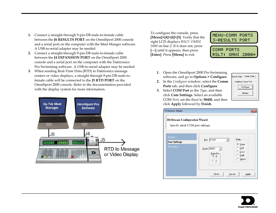 Serial connection, Omnisport 2000 console setup, Pro swimming software setup (if used) | Daktronics OmniSport 2000 Timing Console User Manual | Page 262 / 316