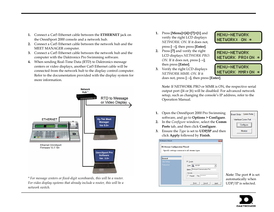 Network connection, Omnisport 2000 console setup, Pro swimming software setup (if used) | Daktronics OmniSport 2000 Timing Console User Manual | Page 264 / 316