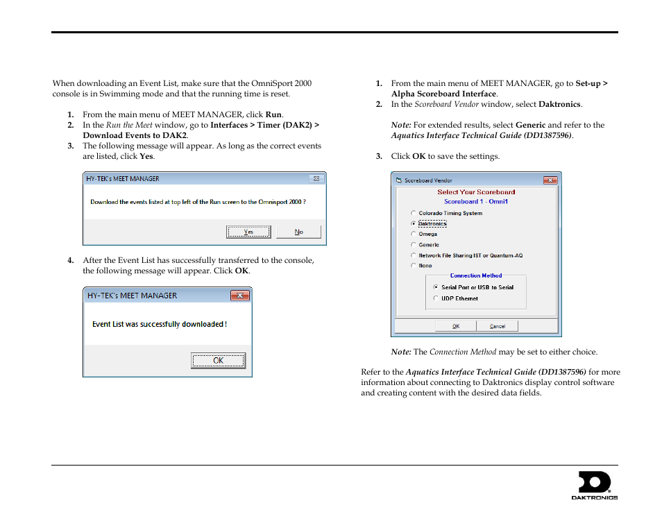 Downloading event lists to omnisport 2000, Meet manager alpha scoreboard interface | Daktronics OmniSport 2000 Timing Console User Manual | Page 266 / 316